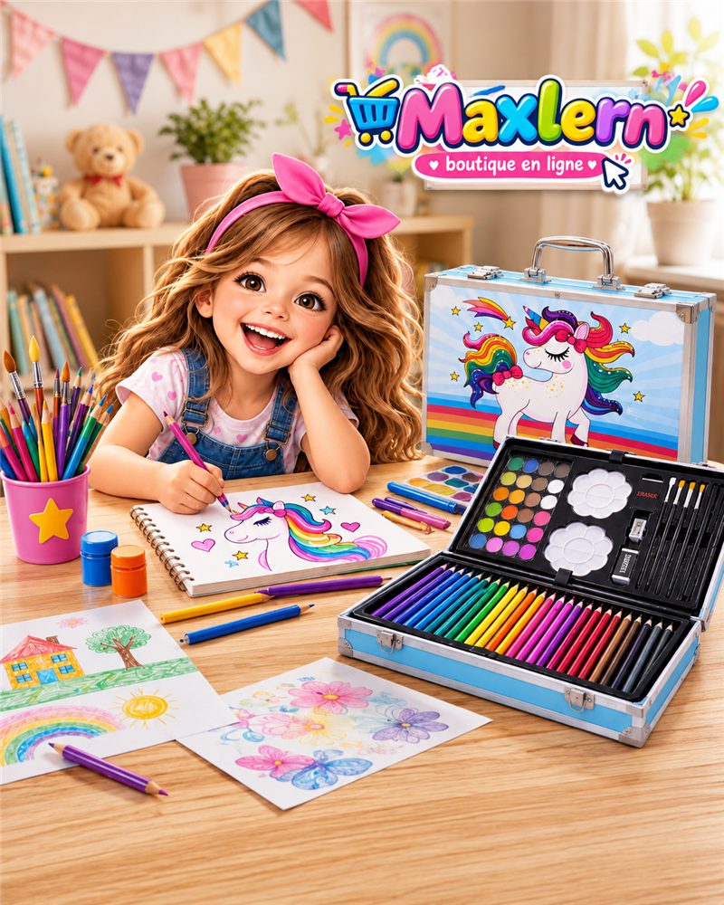 Mallette Licorne en aluminium et matériel de dessin