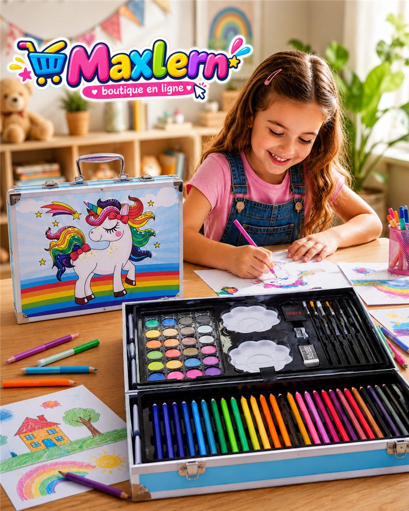Mallette Licorne en aluminium et matériel de dessin